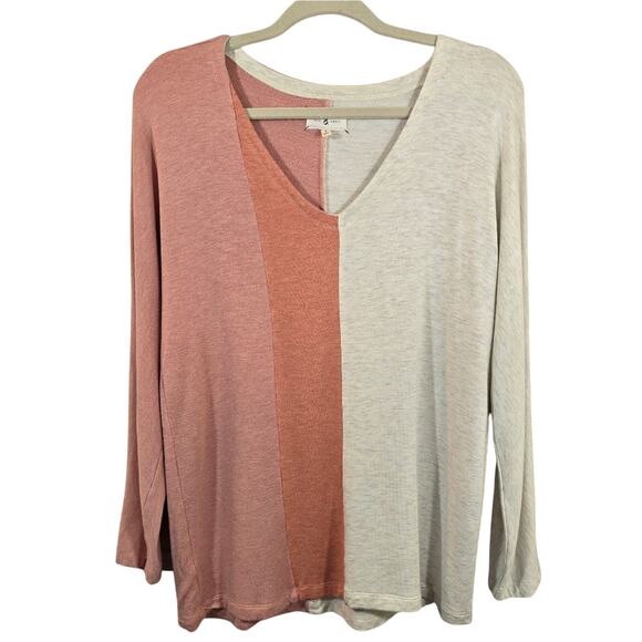 M Lou & Grey Pink Oatmeal Colorblock Sweater Top Size S Lightweight V Neck Soft - Picture 1 of 9